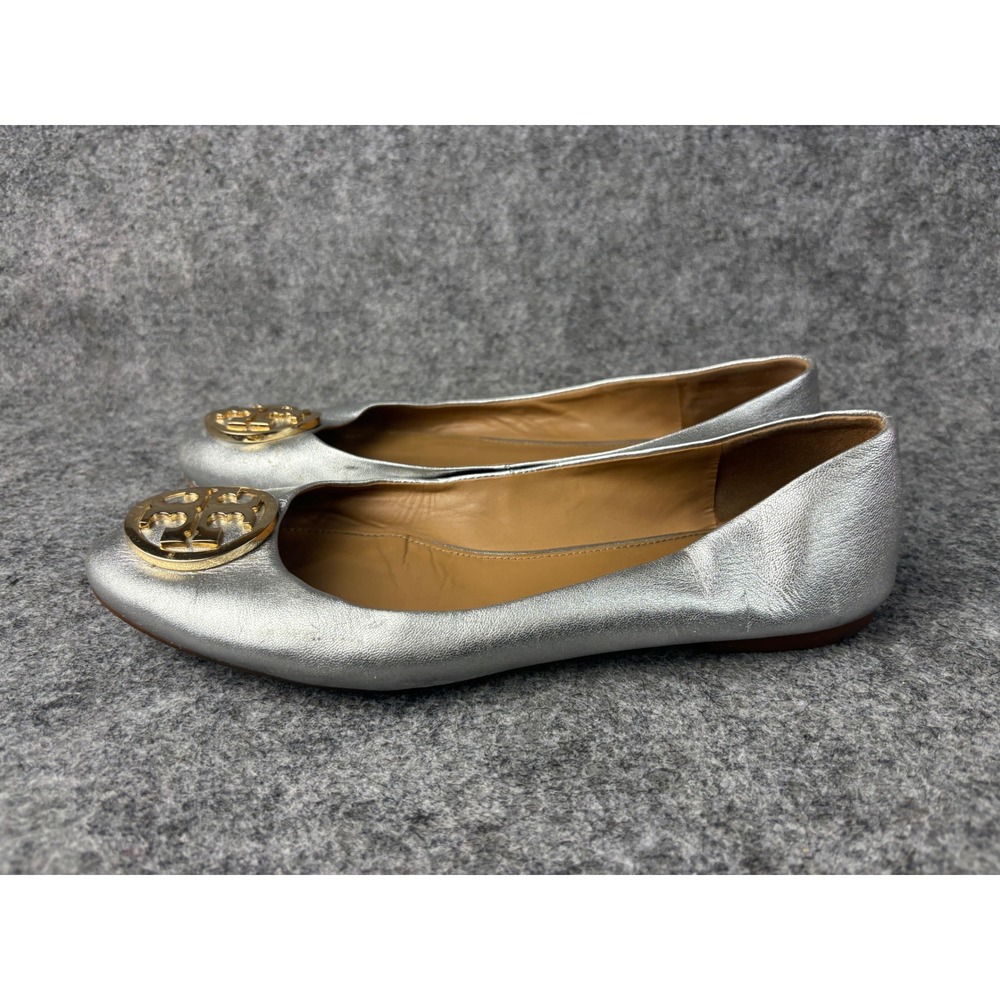 Tory Burch Reva Ballet Flats Womens Size 9 Silver Metallic Gold Logo Medallion